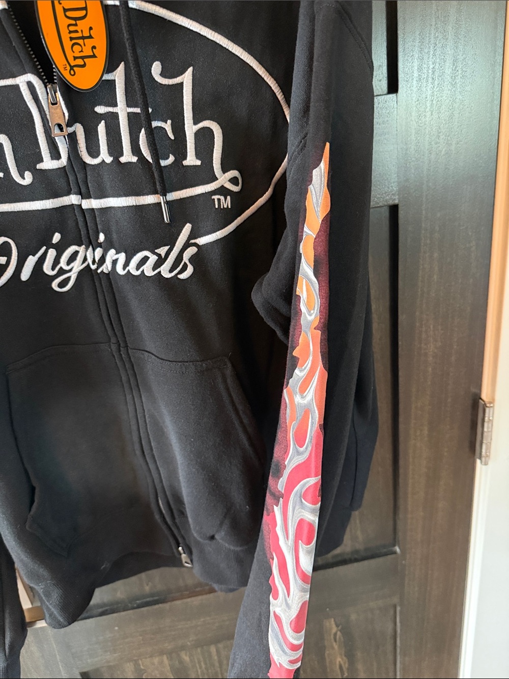 Von Dutch Black Zip Hoodie with White Logo and Red-Orange Sleeve Graphics - Picture 4 of 5